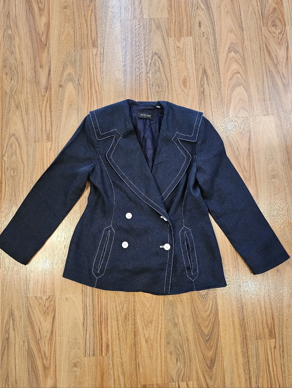 Vintage Ellen Tracy 100% Linen Navy Sailor Collar Blazer Jacket